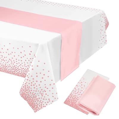 Pink Table Runner w White Plastic Tablecloth 54x108" Pink Dots 1Set - White+Pink