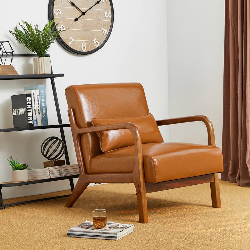 Glitzhome 30.75"H Mid-Century Modern PU Leather Armchair Accent Chair with Pillow - 25.75"W x 33.75"D x 30.75"H