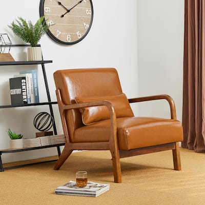 Glitzhome 30.75"H Mid-Century Modern PU Leather Armchair Accent Chair with Pillow - 25.75"W x 33.75"D x 30.75"H