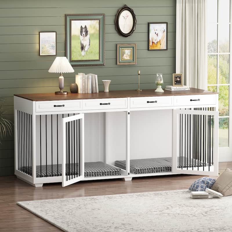 93" Wooden Large Dog Crate Furniture with 2 Rooms,3 Drawers & Dividers
