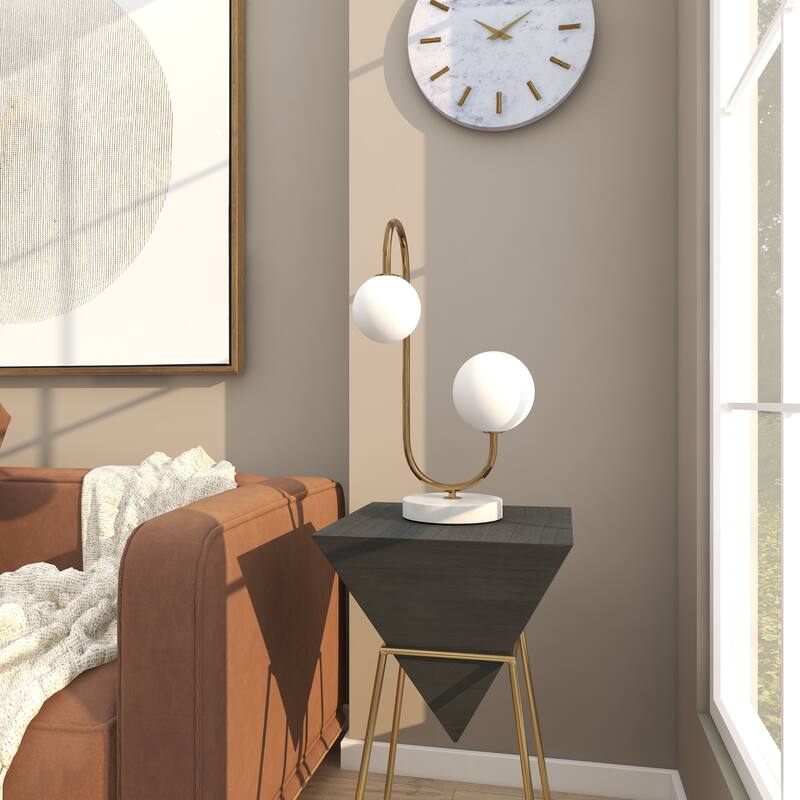 Metal Curved Orb 2 Light Room Table Lamp with White Glass Shades and Marble Base - Gold - Roche River Decor