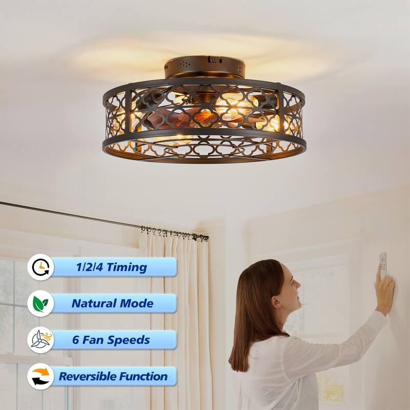 20" Flower Style Iron Ceiling Fans With Remote Control,Ceiling Fan 6 Speed Reversible with Remote Control,Flush Mount Caged