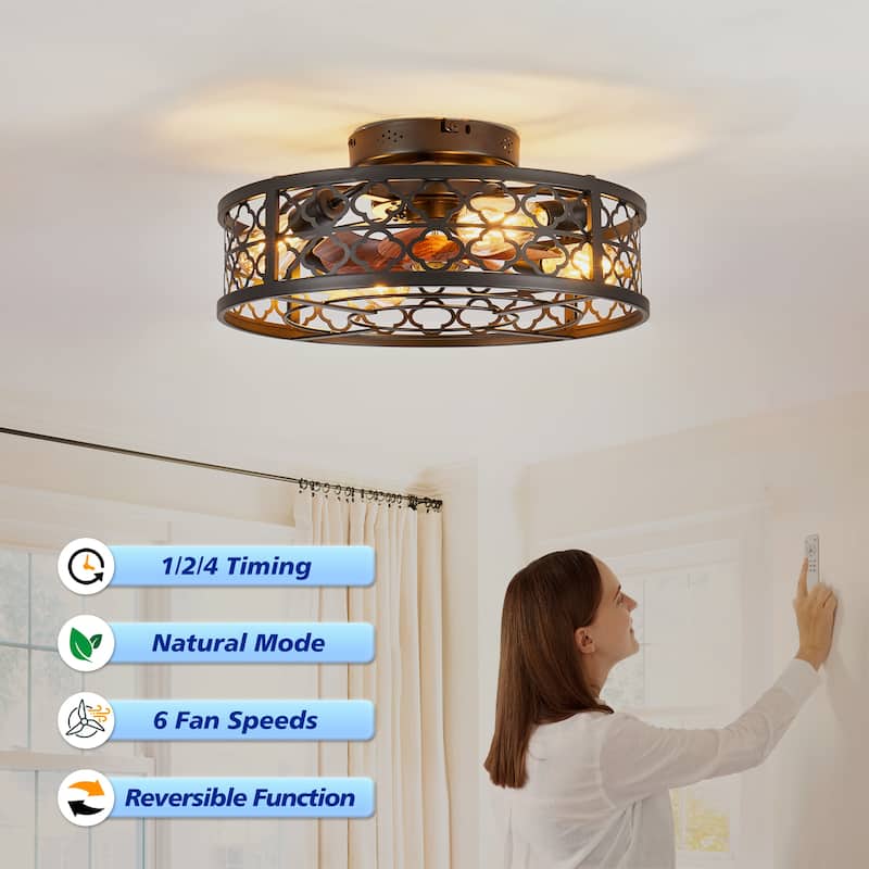 20 inch Flush Mount Ceiling Fan Light with Remote Caged Farmhouse Fandelier Black Wood Low Profile