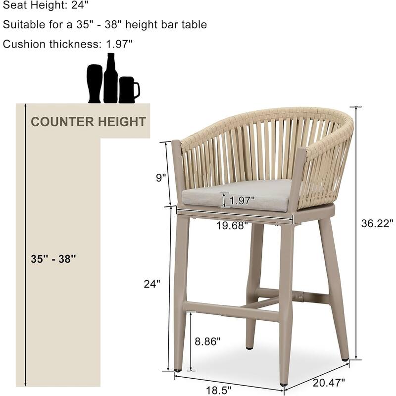 PURPLE LEAF Outdoor Bar Stools Set of 2 Patio Metal Modern Wicker Bar Chairs Woven Aluminum Barstools