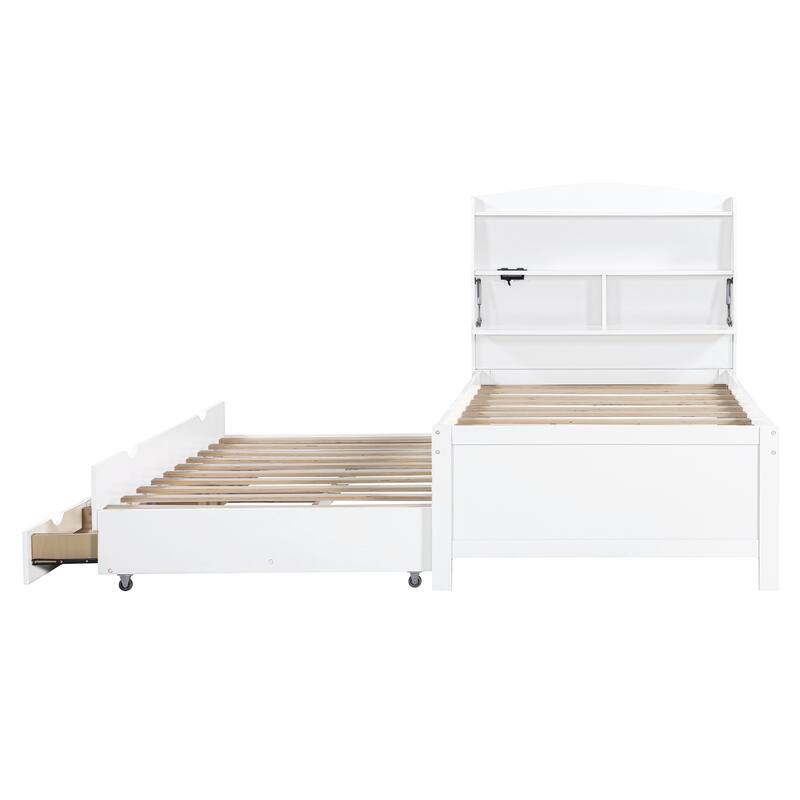 Twin XL Platform Bed with LED Headboard & USB Ports, Wooden Bed Frame with Trundle, 2 Storage Drawers, No Box Spring Needed