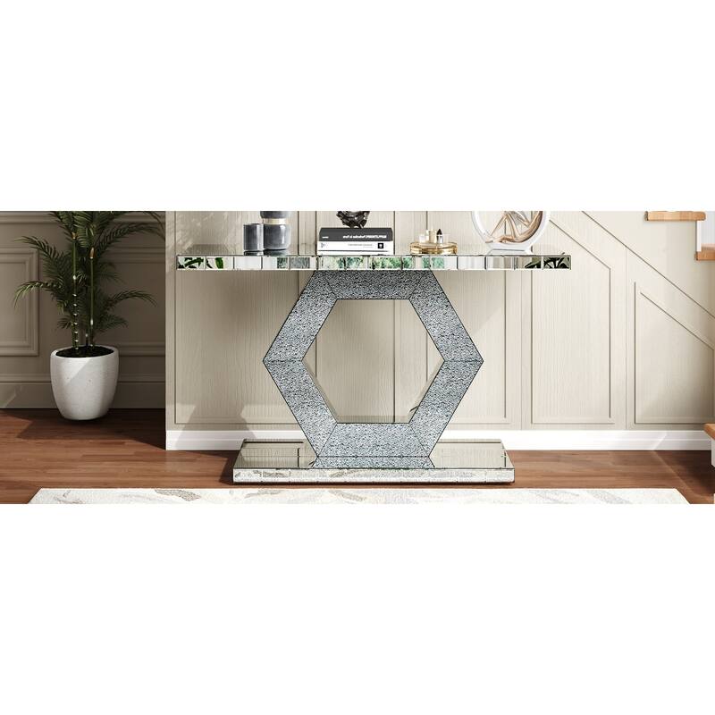 Crystal Hexagon Mirror Console Table Accent Table, Solid Wood Frame Entryway Table Foyer Table with Diamond Glass Effects