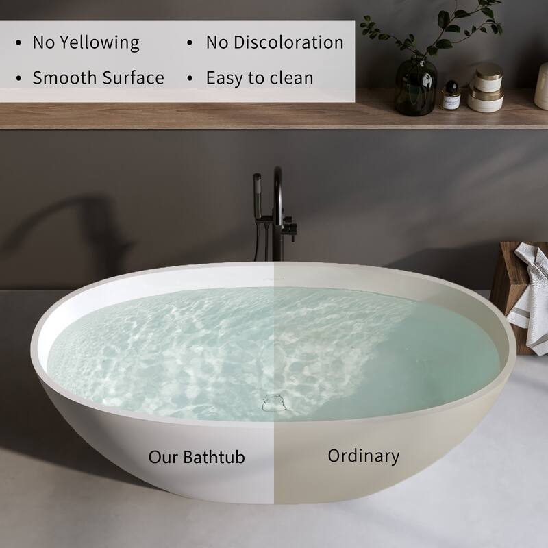 Premium Solid Surface Freestanding Soaking Bathtub with Center Drain and Pop-up Drain, Modern Matte White Tub with Overflow - 59.00 in. x 30.70 in. x 22.00 - Matte White