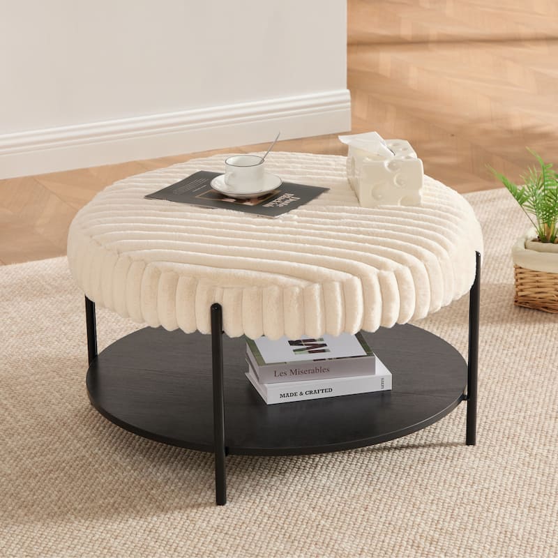 30.9"W Upholstered Coffee Table Ottoman,Round Coffee Table Bench with Storage Shelf and Metal Legs