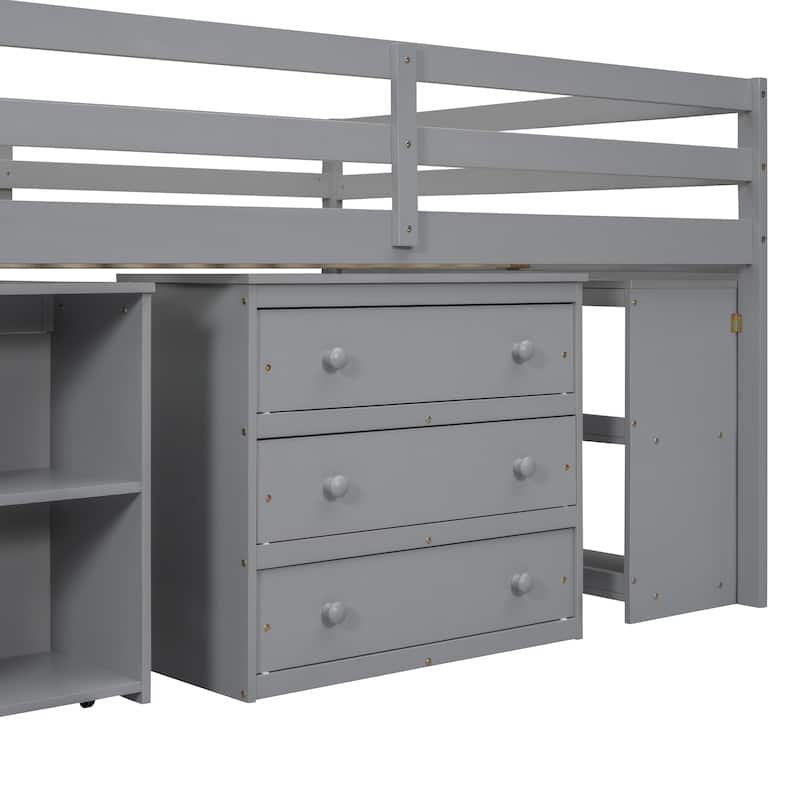 Full Size Loft Bed with Retractable Writing Desk and 3 Drawers, Wooden Loft Bed with Storage Stairs and Shelves, Espresso