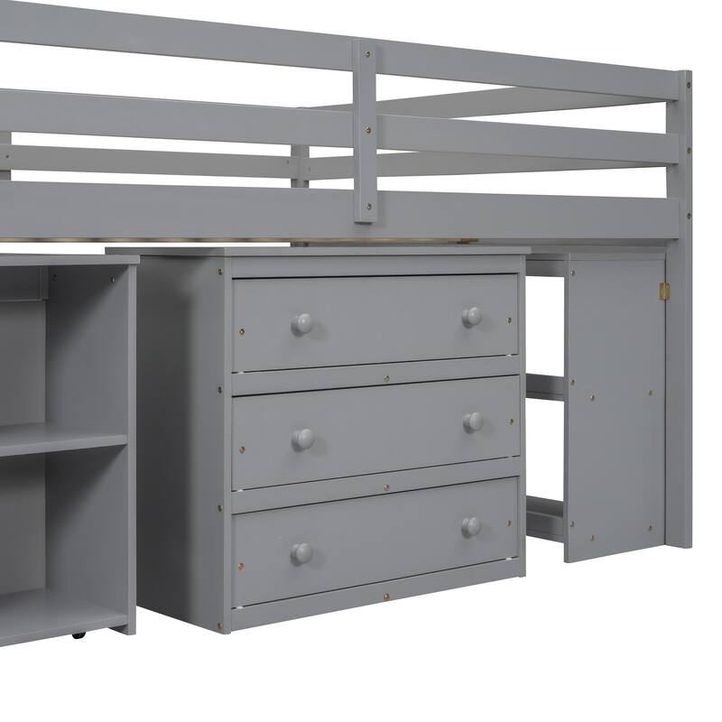 Loft Bed with Retractable Writing Desk and 3 Drawers, Wooden Loft Bed with Storage Stairs and Shelves