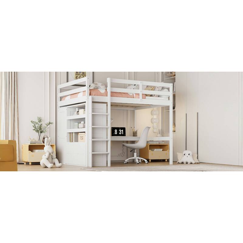 Roomfitters Full Size Loft Bed with Wardrobe, Desk and Storage Shelves