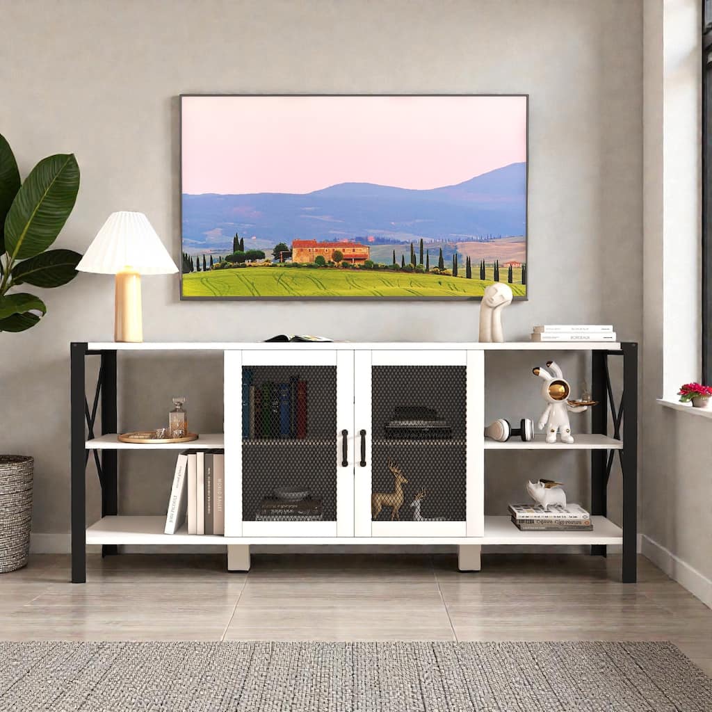 Industrial TV Stand for Living Room, Modern Farmhouse Wood & Metal Entertainment Center with Open Bookshelf