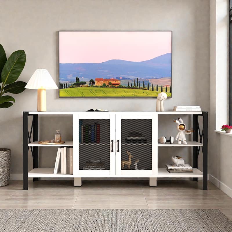 Industrial TV Stand for Living Room, Modern Farmhouse Wood & Metal Entertainment Center with Open Bookshelf - White