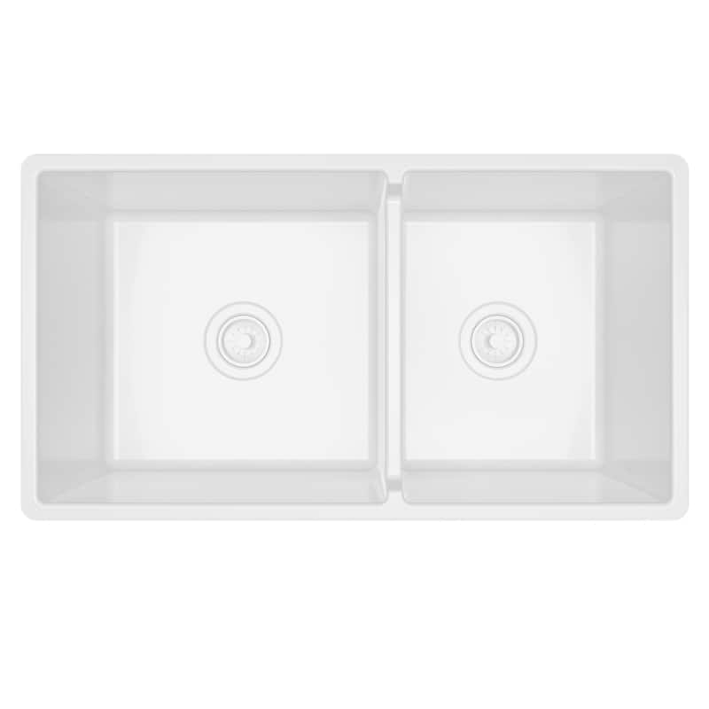 Karran 33" Double Bowl Panel Front Farmhouse Fireclay Kitchen Sink with Reversible Apron Front