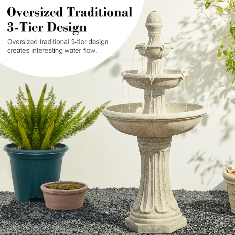 Glitzhome 45.25"H Oversized Sand Beige Terrazzo Resin 3-Tier Lighted Outdoor Fountain