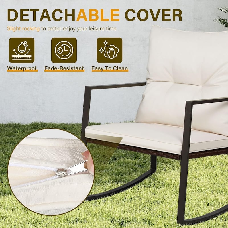 SUNCROWN 3-piece Outdoor Patio Brown/Black Wicker Rocking Chairs Conversation Bistro Set