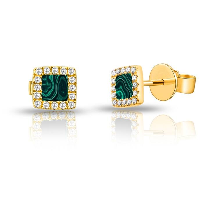 Joelle Collection Square Shaped Stud Earrings Malachite & Diamonds 14K Gold