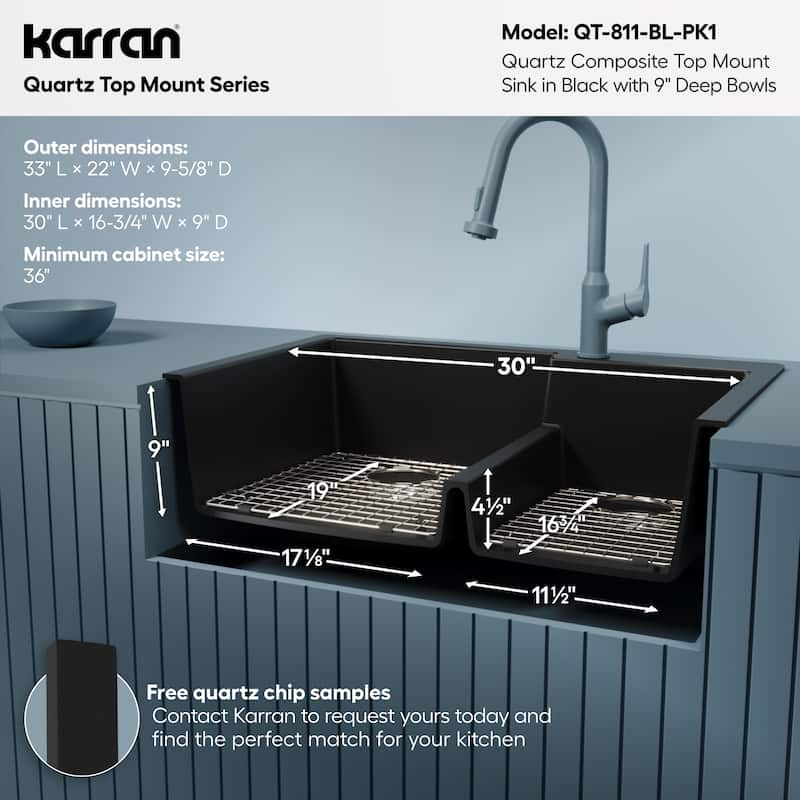 Karran 33" Top Mount Large/Small Bowl Quartz Kitchen Sink Kit - 33" x 22" x 9"