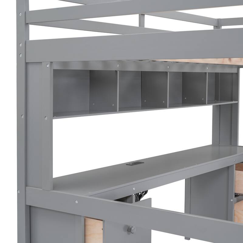 Full Size Loft Bed with Desk, Storage Cabinets, Drawers, Charging Station, Gray