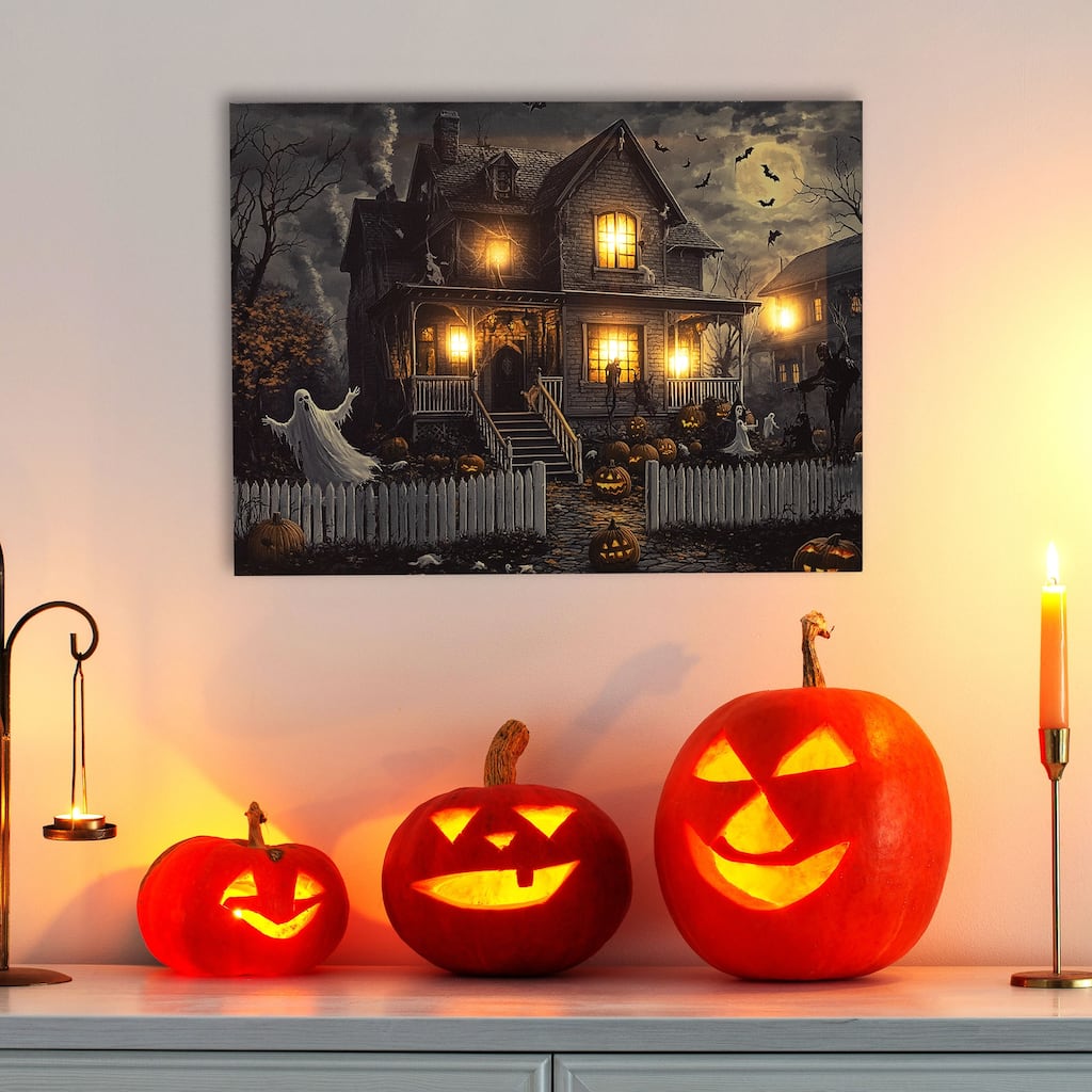 LED Lighted Haunted House Halloween Canvas Wall Art - 15.75 x 23.75"