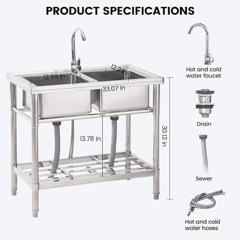 33"x18"x30" Freestanding Double Bowl Utility Sink with Faucet