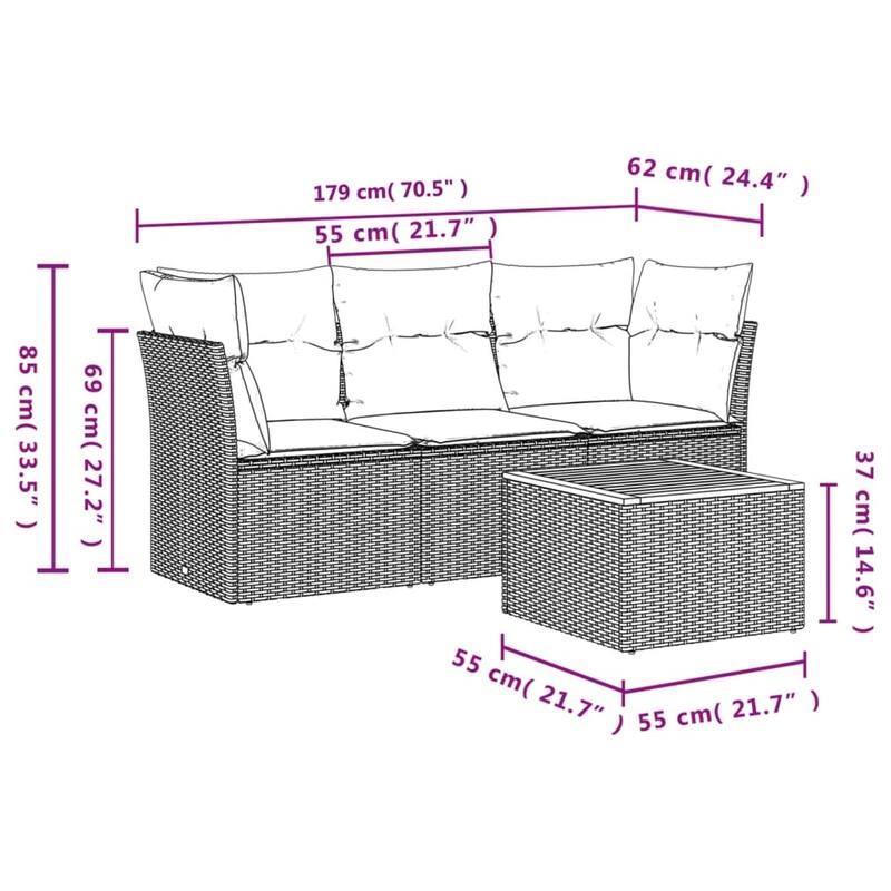 vidaXL 4 Piece Patio Sofa Set with Cushions Gray Poly Rattan - 24.4" x 24.4" x 27.2"