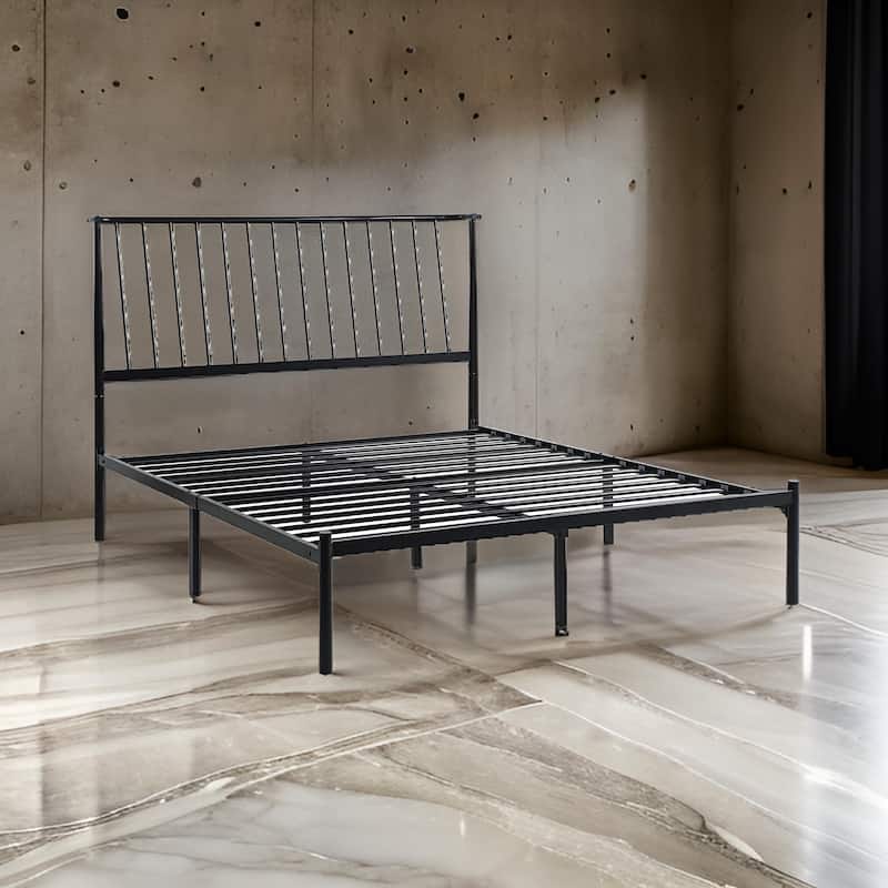 Angie Queen Bed, Platform Foundation, Slatted Headboard, Black Metal Frame