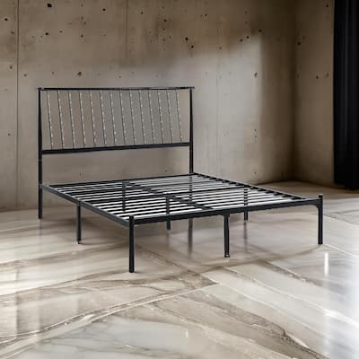 Angie Queen Bed, Platform Foundation, Slatted Headboard, Black Metal Frame