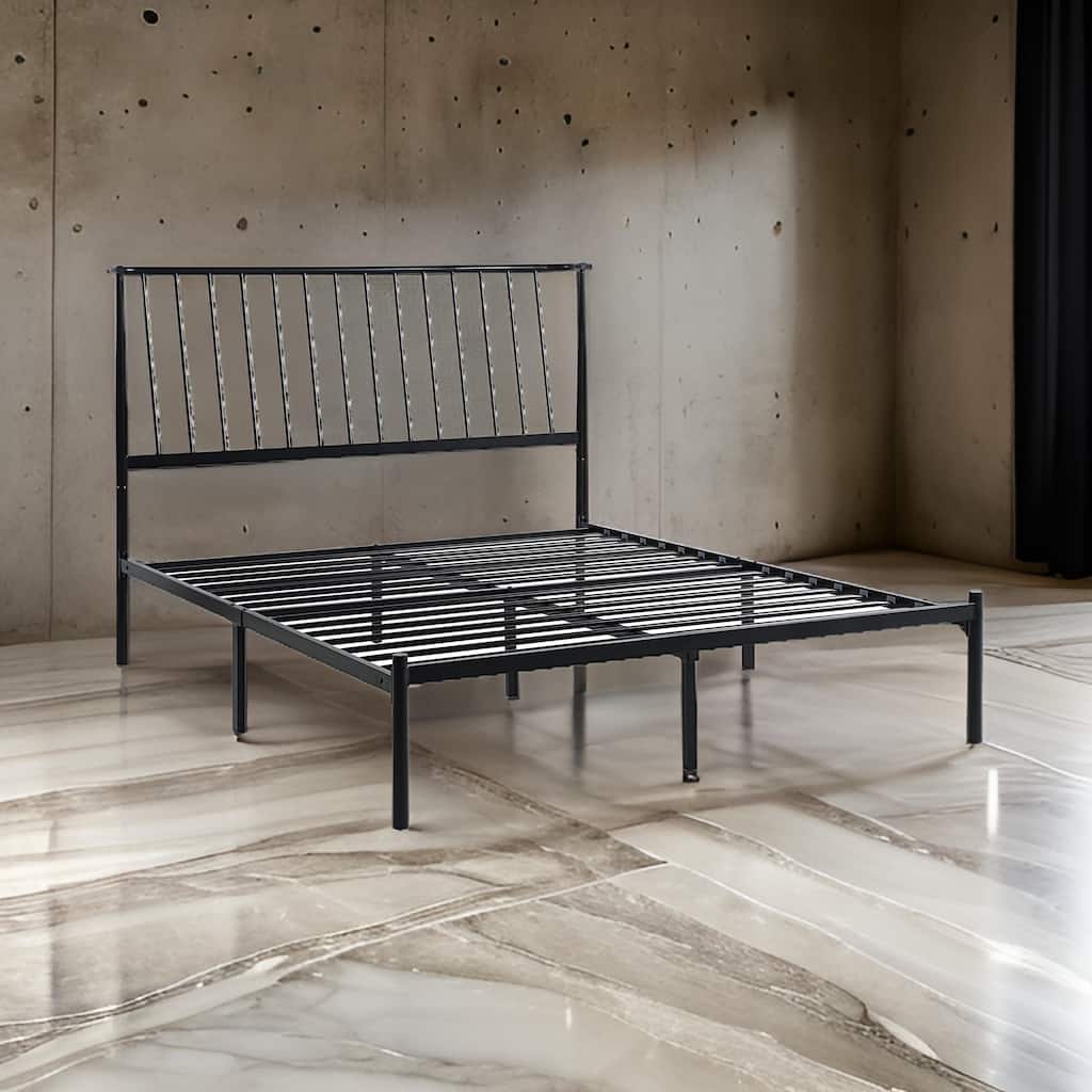Angie Queen Bed, Platform Foundation, Slatted Headboard, Black Metal Frame