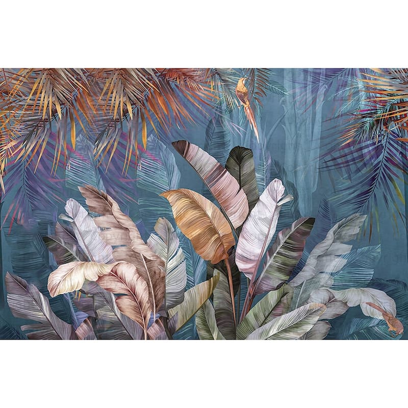 Lush Tropical Forest Mural with Vibrant Palms and Parrot