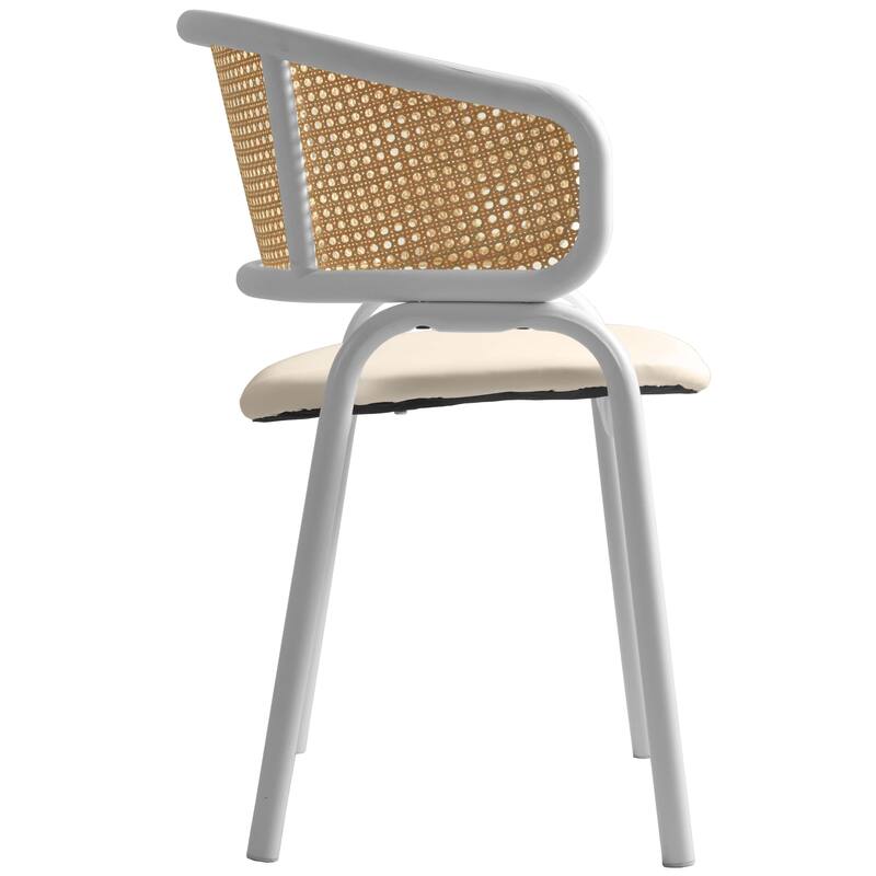 LeisureMod Set of 2 Minimalist Leather Dining Chairs with Wicker Back in Steel Frame - Side Chair for Home Office & Kitchen
