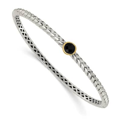 Curata 925 Sterling Silver Hinged Polished With 14k 6mm Simulated Onyx Cuff Stackable Bangle Bracelet