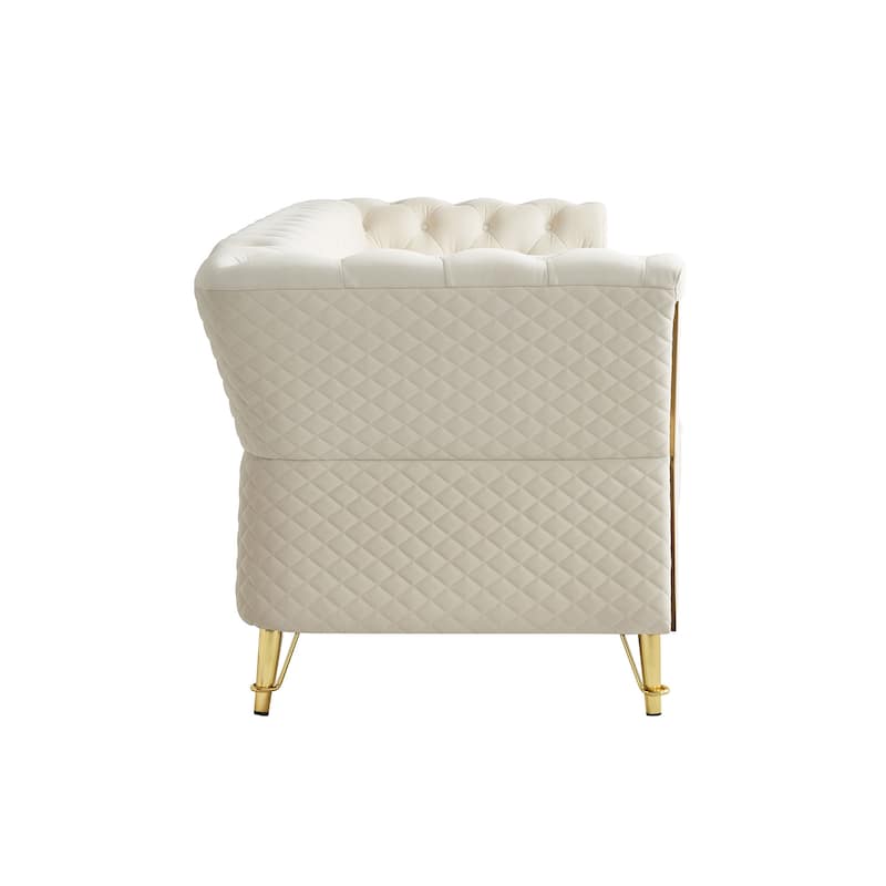 Mid-century Couch Velvet Upholstered Sofa with Button Tufted Backrest, Unique Armrest Design and Golden Metal Decor