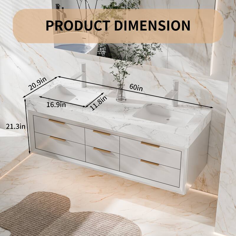 60" Wall-Mount Double Vanity with LED Light. - 60 inch