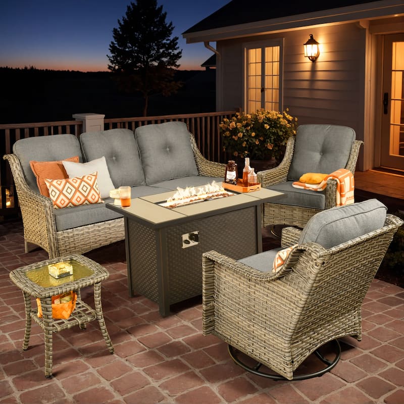 XIZZI Outdoor Wicker Patio Furniture Conversation Set with Fire Table - 5-piece - Dark Grey