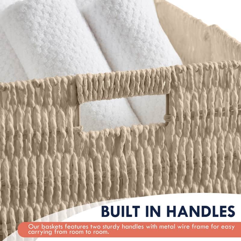 2 Pack Foldable Paper Wicker Shelf Storage Basket Cube Bin with Handles