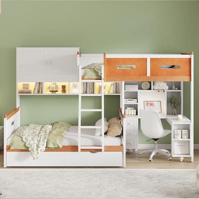Twin Over Full Bunk Storage Bed with Desk and Led Lights Wooden Loft Bed Frame with Safety Guard & Ladder for Teen & Adults