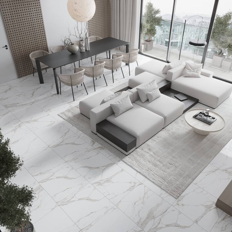 Veneto 23.6 in. x 23.6 in. Polished White with Gray-Gold Porcelain Square Wall and Floor Tile (15.5 sq ft/case) - 4 Sheets