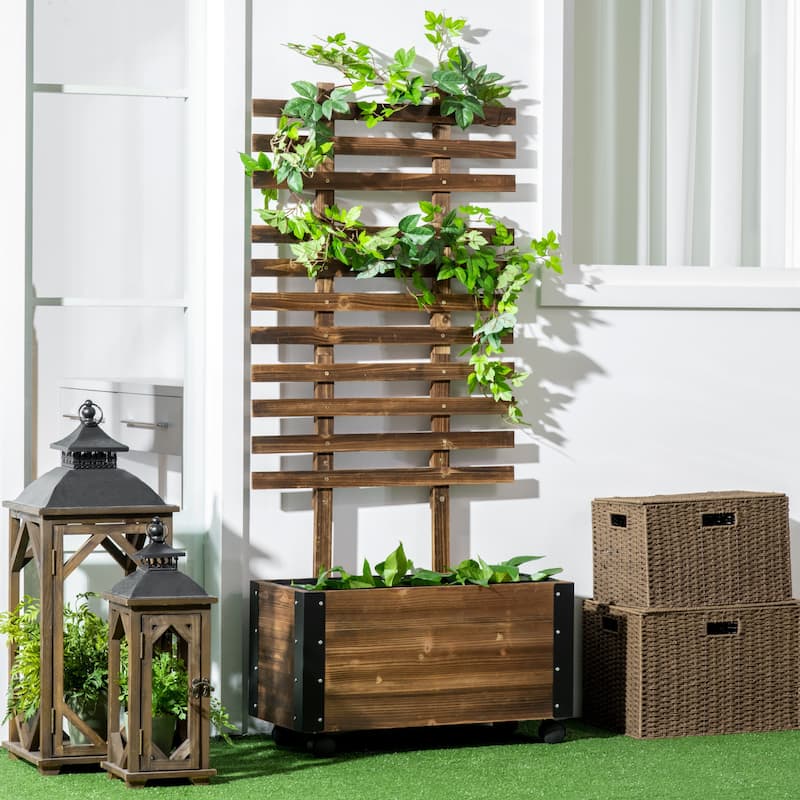 Countryside Style Garden Bed with Trellis, 4 Wheels for Vine Plants Flowers Climbing and Planting, Brown - 8' x 10'