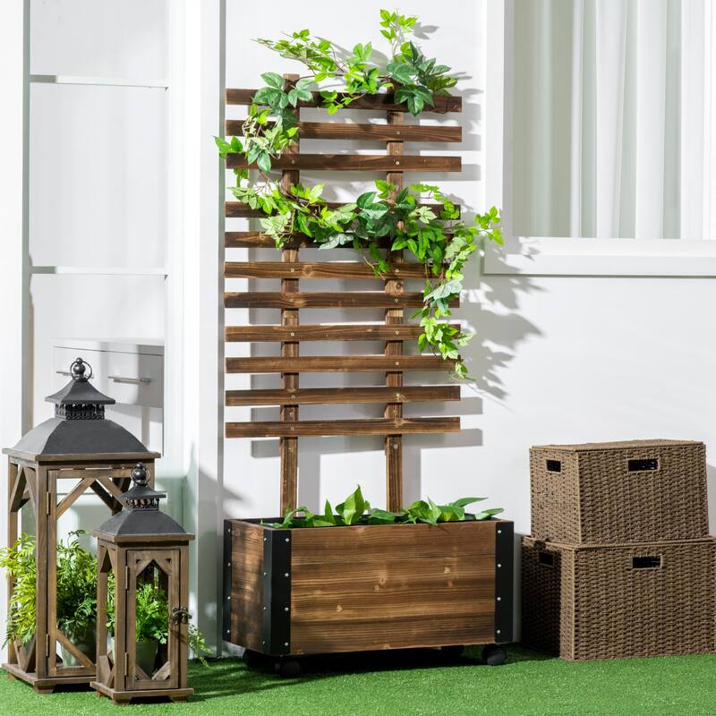 Raised Garden Bed with Trellis,58" Outdoor Wooden Planter Box with Wheels,for Vine Plants Flowers Climbing and Planting