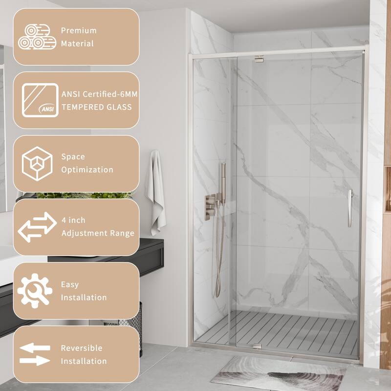 Modland 38-42"x71'' Adjustable Pivot Shower Door - Auto-Lift Hinge, Magnetic Seal, 5 Finishes for Uneven Walls - 42''x 71''