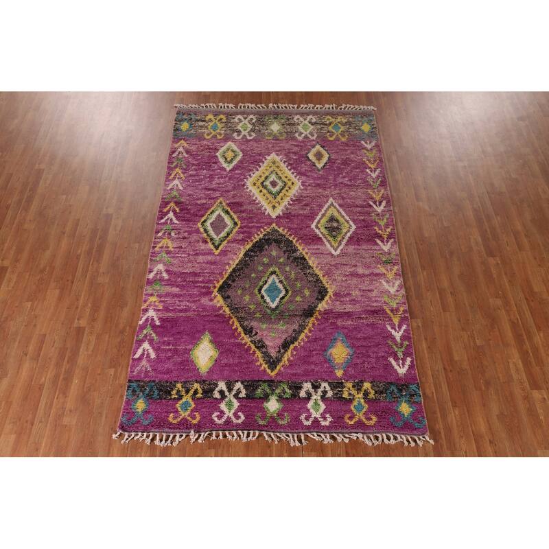 Purple Moroccan Oriental Area Rug Handmade Wool Carpet - 6'0" x 9'9"