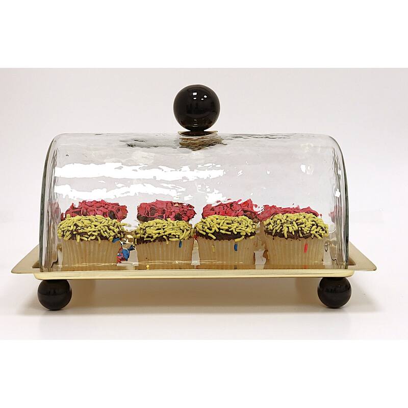 Rectangle cake Dome Gold with Clear Ball Knob - 10.2"L - Black Knob