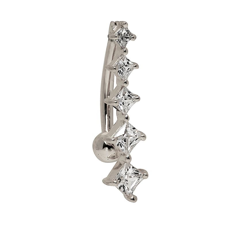 Curata Solid 14k Yellow or White Gold Princess Square Cubic Zirconia Bar Top Mount Belly Button Ring Dangle (4mm x 20mm)
