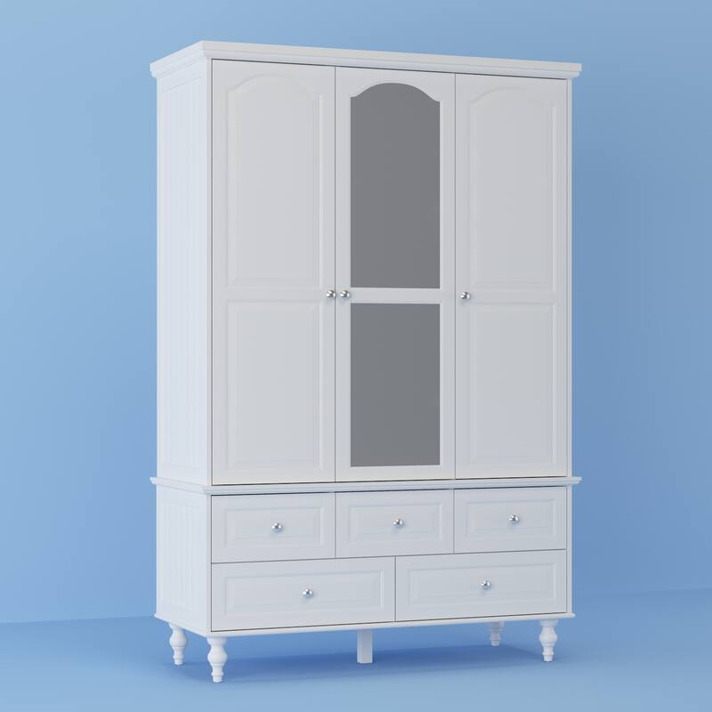 70.9"H Family Wardrobe/Armoire/Closet with Mirror Doors White Lacquer