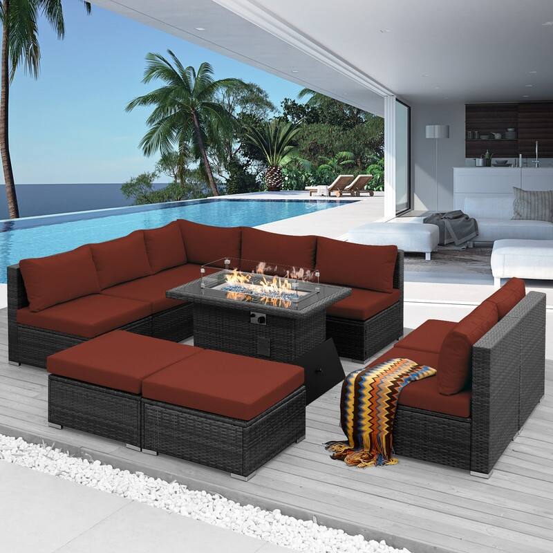 FINCATI 10-piece High Back Oversized Patio Furniture Conversation Set Outdoor Sectional Sofa with Fire Pit Table - Burgundy
