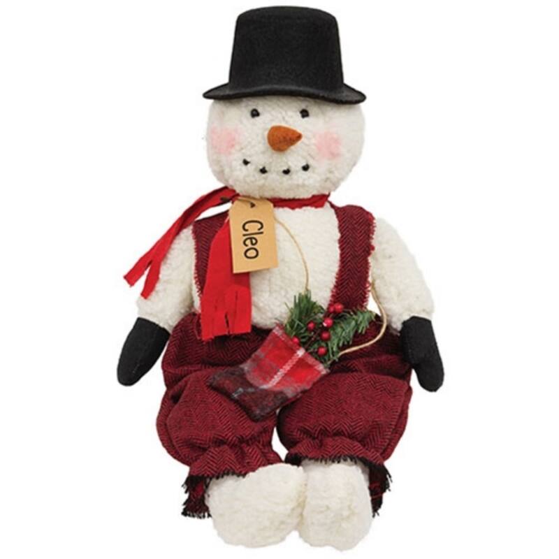 Stuffed Cleo Snowman Doll with Plaid Sack Christmas Decoration - 8.50" x 3" x 20" - White-Red-Black