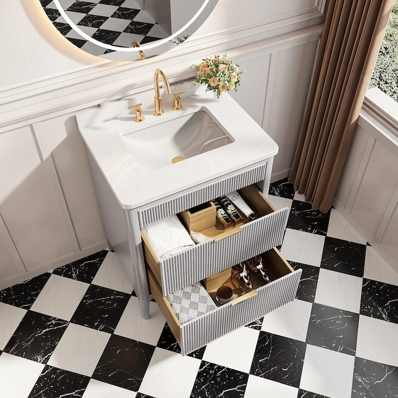 GDFStudio - Modern 30" Freestanding Bathroom Vanity with Engineered Carrara Marble Top & Integrated Sink, Fully Assembled