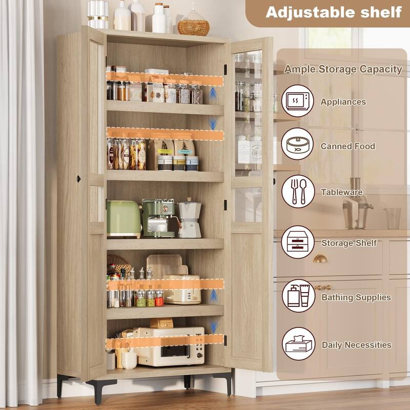 Tall Storage Cabinet,2 Glass Doors, Kitchen Pantry 5 Tier Bathroom Cabinet