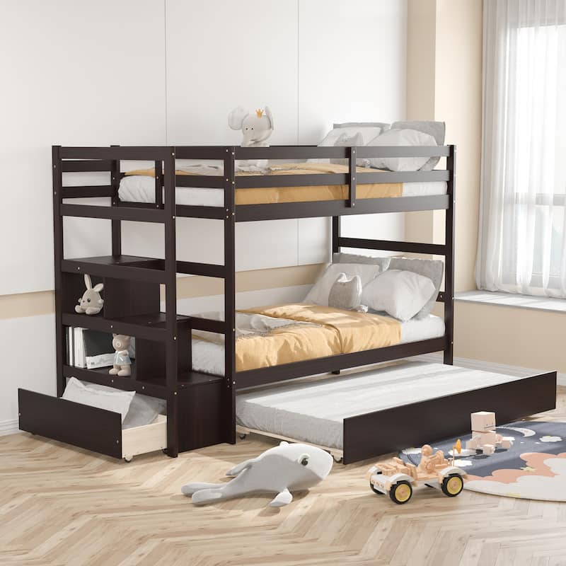 Costway Twin Over Twin Bunk Bed with Trundle Stairway and Storage - 39'' x 75''